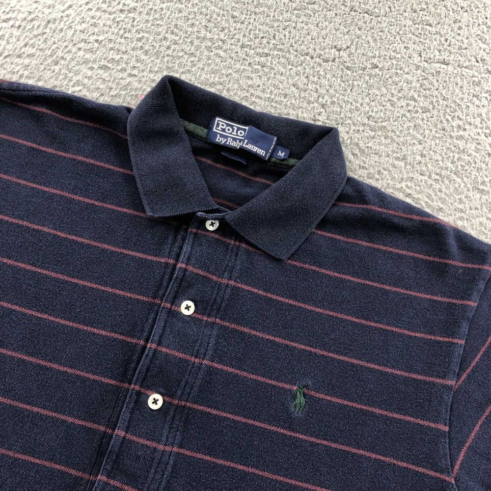 Vintage Polo Ralph Lauren Shirt Men Medium Blue Striped Four Button Pony Classic